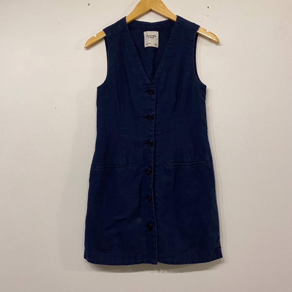 Abercrombie & Fitch Navy Blue Linen Blend Button Front Preppy Mini Dress XS